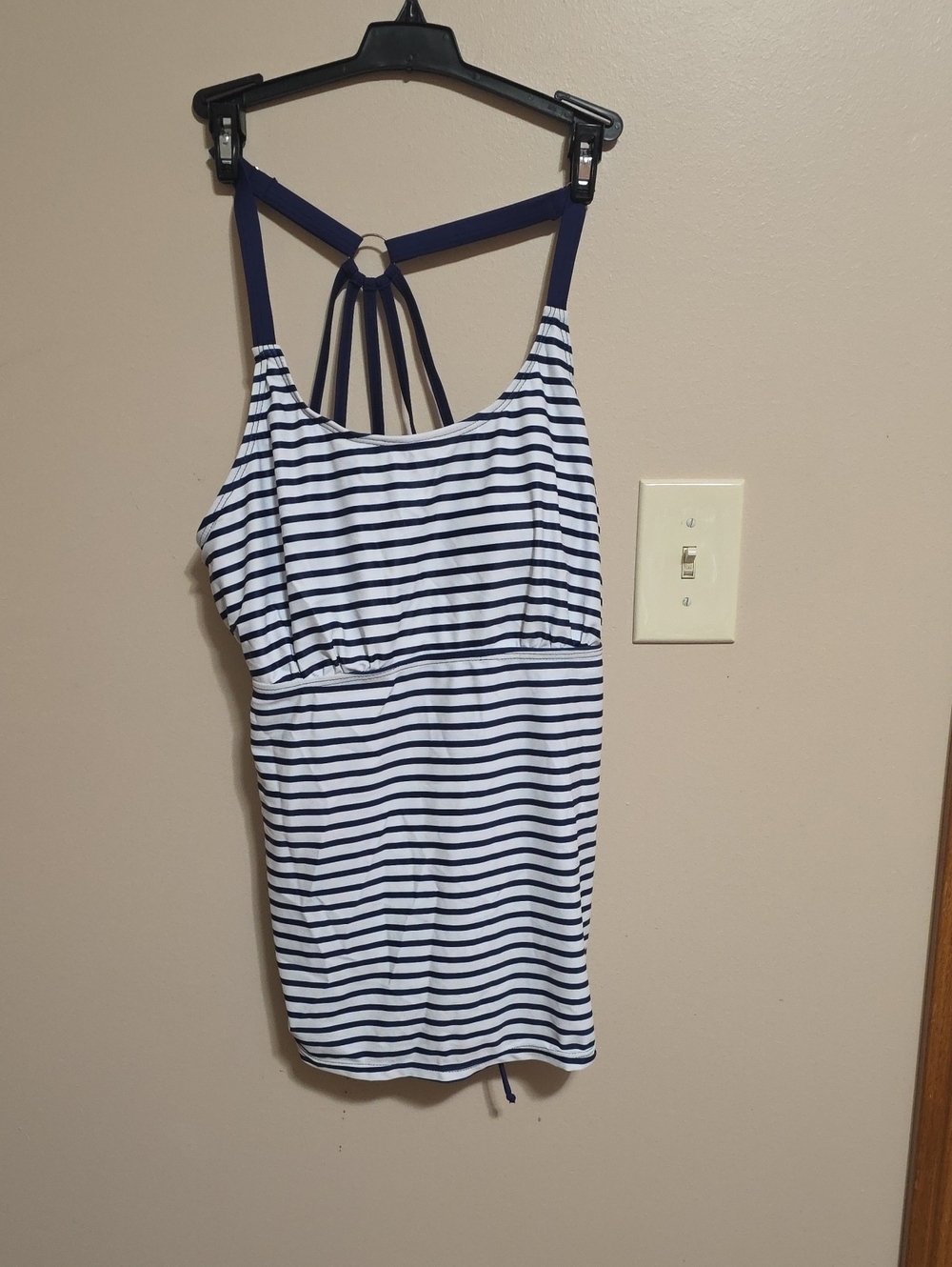 Striped Navy and White Tankini Top with Strappy Back